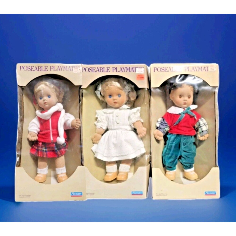 3 DOLLS 😮 Flocked 1986 POSEABLE PLAYMATES 16"  🎀  MARIELLE Monica CASSIE New!